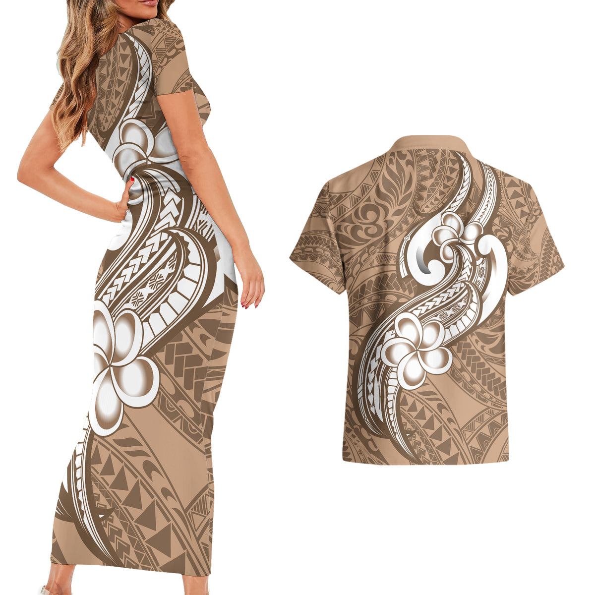 Polynesia Couples Matching Short Sleeve Bodycon Dress and Hawaiian Shirt Plumeria With Tribal Pattern Brown Pastel Vibes - Wonder Print Shop