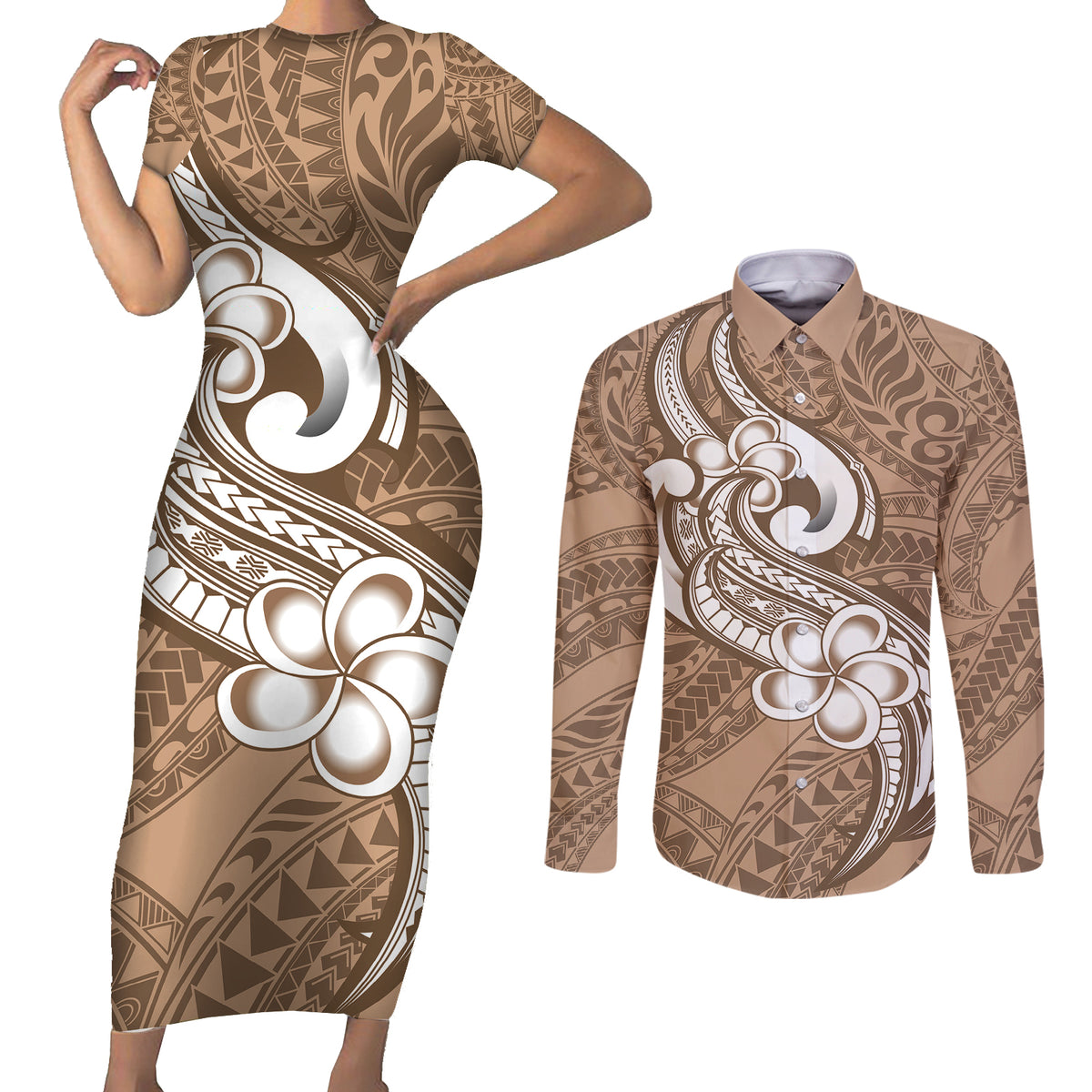 Polynesia Couples Matching Short Sleeve Bodycon Dress and Long Sleeve Button Shirts Plumeria With Tribal Pattern Brown Pastel Vibes - Wonder Print Shop