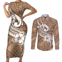 Polynesia Couples Matching Short Sleeve Bodycon Dress and Long Sleeve Button Shirts Plumeria With Tribal Pattern Brown Pastel Vibes - Wonder Print Shop