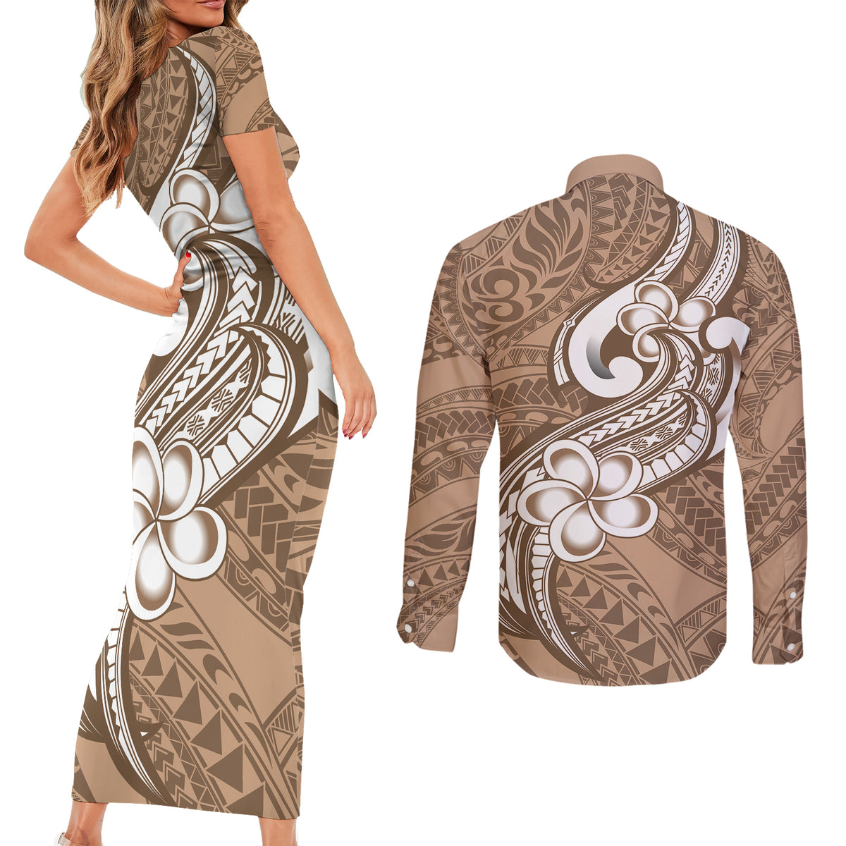 Polynesia Couples Matching Short Sleeve Bodycon Dress and Long Sleeve Button Shirts Plumeria With Tribal Pattern Brown Pastel Vibes - Wonder Print Shop