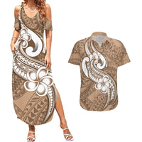 Polynesia Couples Matching Summer Maxi Dress and Hawaiian Shirt Plumeria With Tribal Pattern Brown Pastel Vibes - Wonder Print Shop