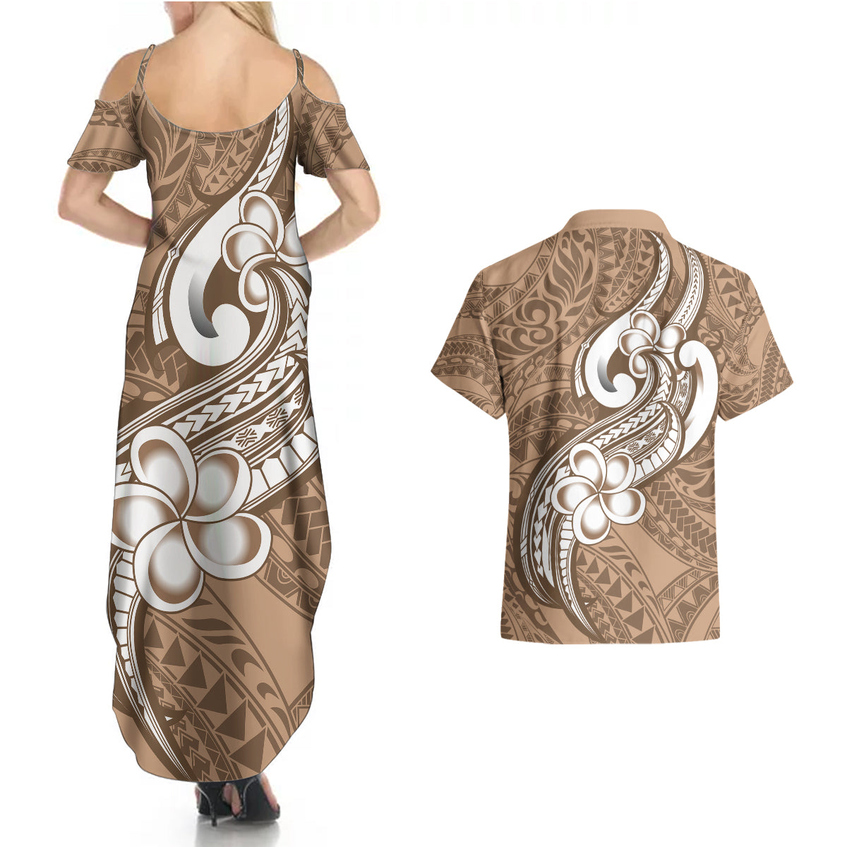 Polynesia Couples Matching Summer Maxi Dress and Hawaiian Shirt Plumeria With Tribal Pattern Brown Pastel Vibes - Wonder Print Shop