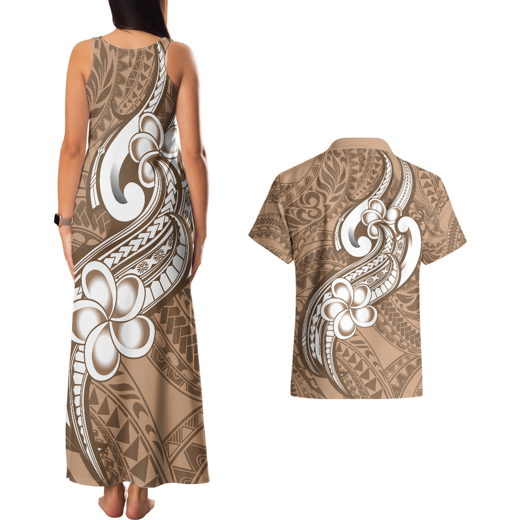 Polynesia Couples Matching Tank Maxi Dress and Hawaiian Shirt Plumeria With Tribal Pattern Brown Pastel Vibes - Wonder Print Shop