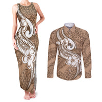 Polynesia Couples Matching Tank Maxi Dress and Long Sleeve Button Shirts Plumeria With Tribal Pattern Brown Pastel Vibes - Wonder Print Shop