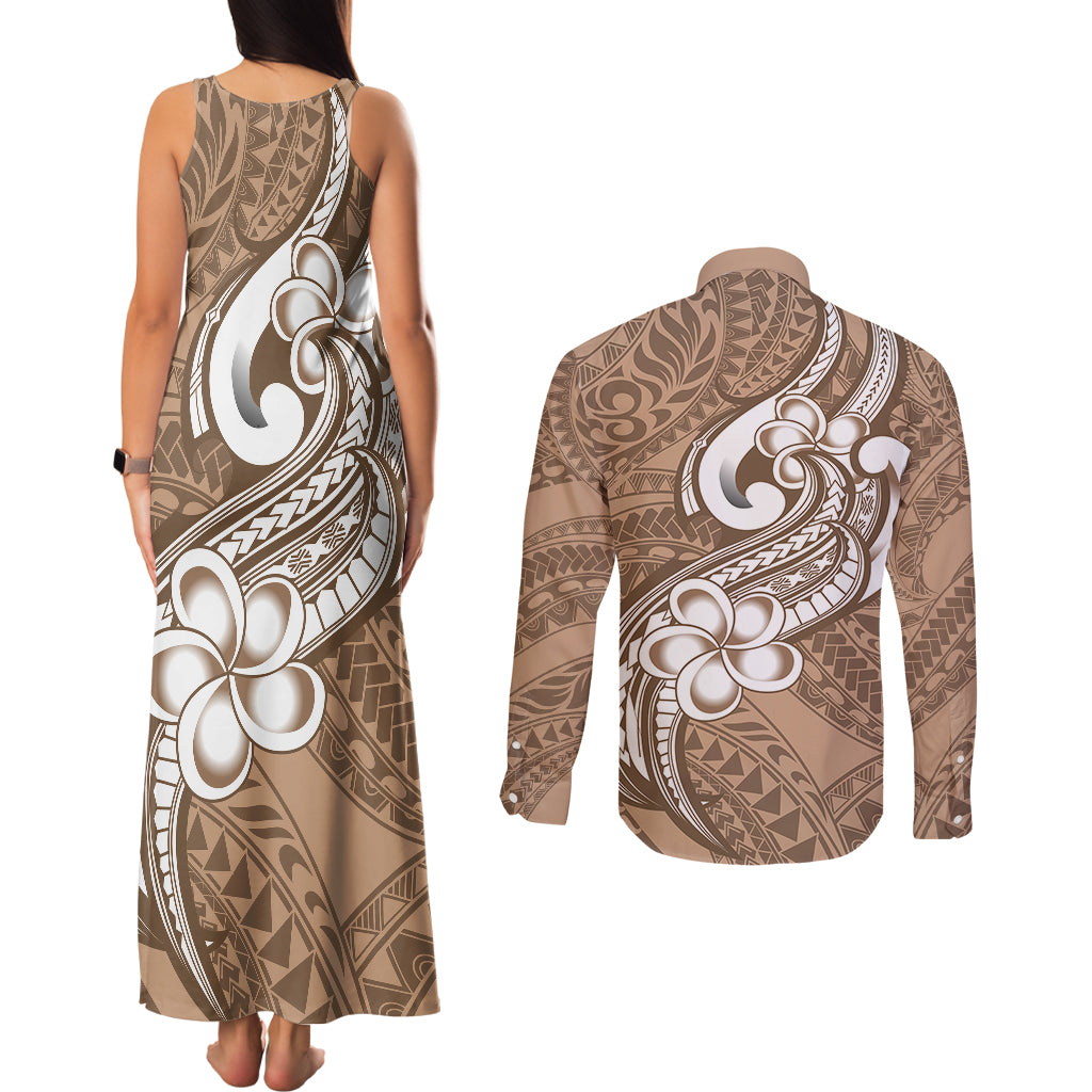 Polynesia Couples Matching Tank Maxi Dress and Long Sleeve Button Shirts Plumeria With Tribal Pattern Brown Pastel Vibes - Wonder Print Shop