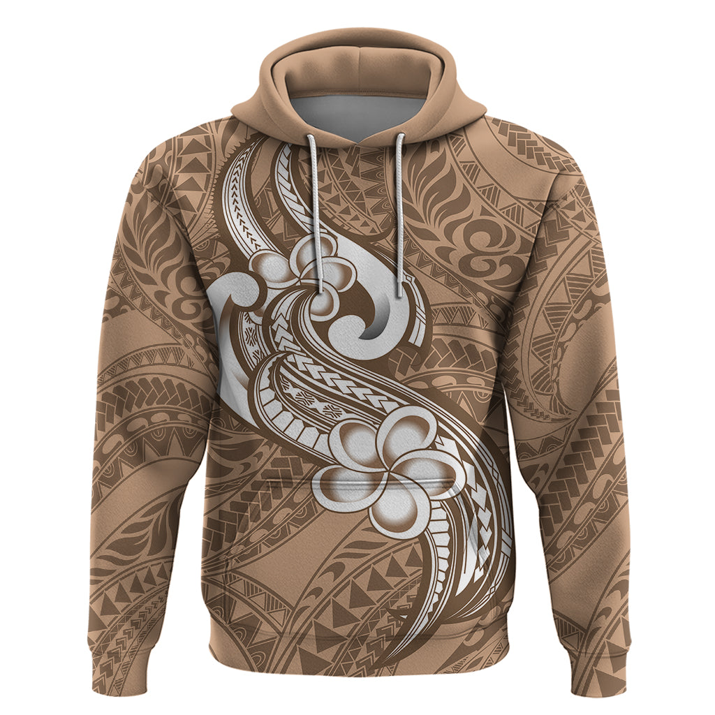 Polynesia Hoodie Plumeria With Tribal Pattern Brown Pastel Vibes - Wonder Print Shop