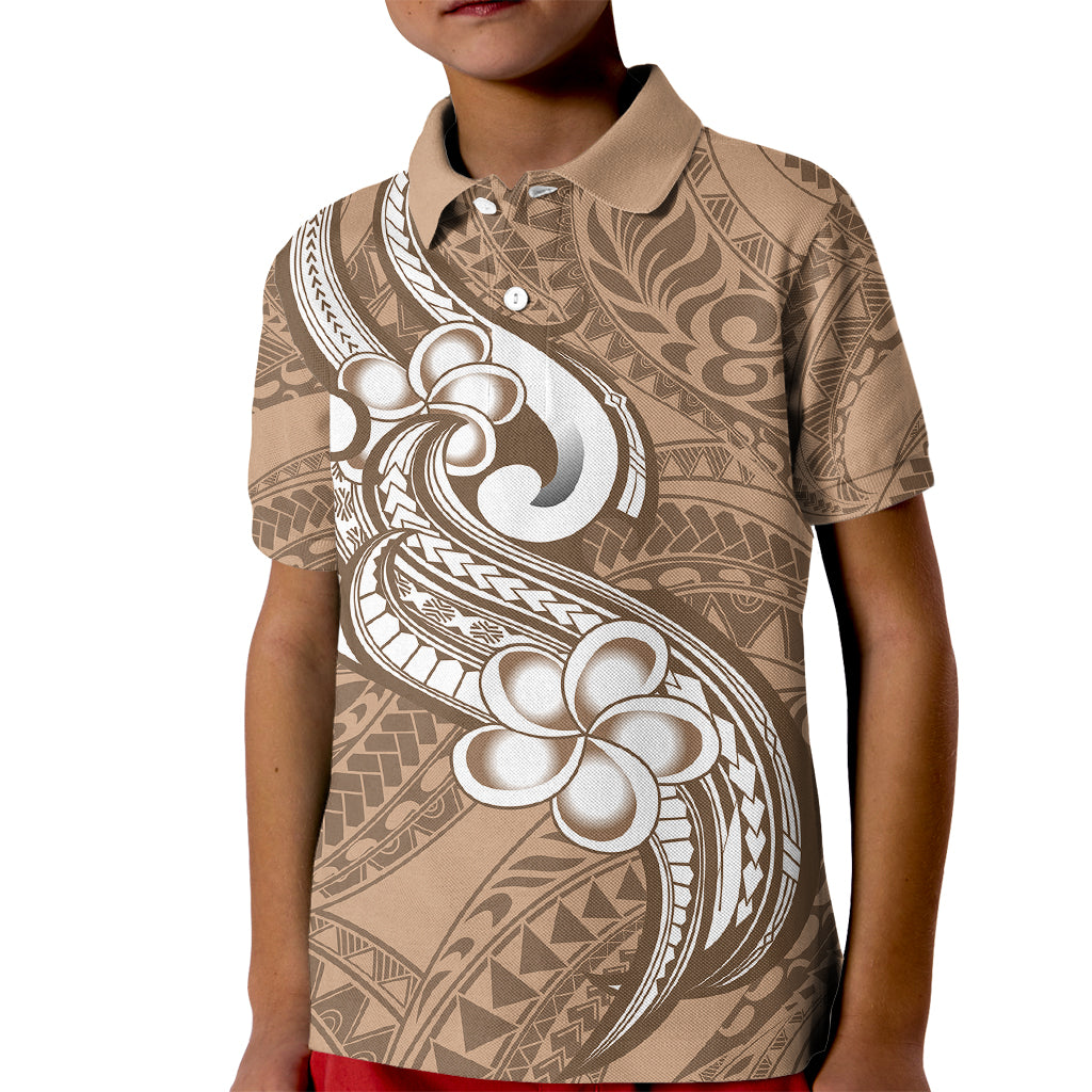 Polynesia Kid Polo Shirt Plumeria With Tribal Pattern Brown Pastel Vibes - Wonder Print Shop