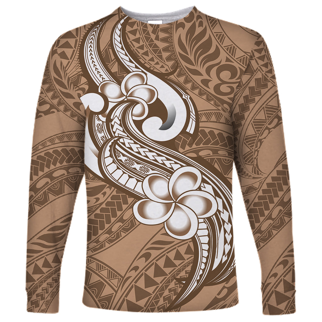 Polynesia Long Sleeve Shirt Plumeria With Tribal Pattern Brown Pastel Vibes - Wonder Print Shop