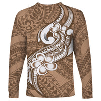 Polynesia Long Sleeve Shirt Plumeria With Tribal Pattern Brown Pastel Vibes - Wonder Print Shop