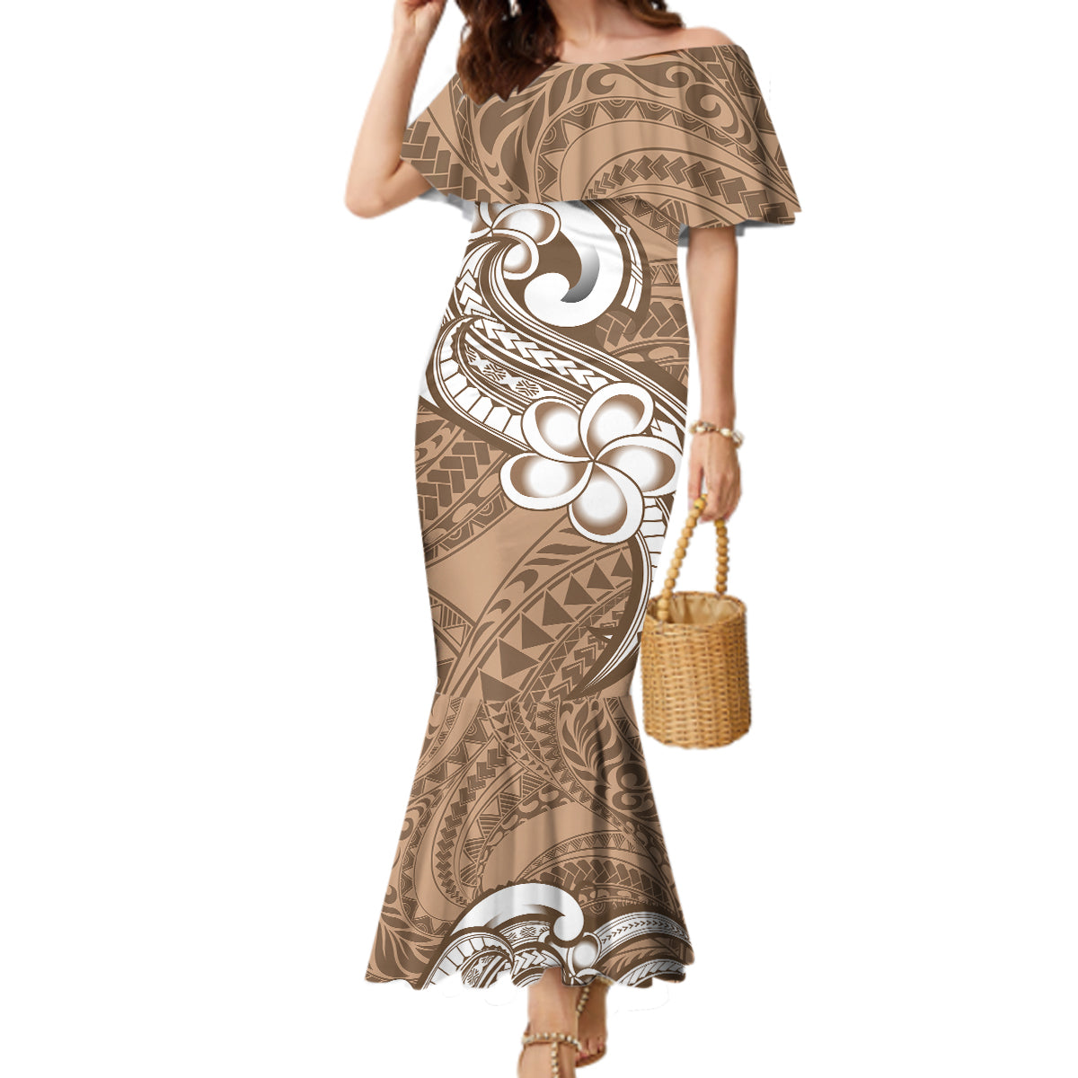 Polynesia Mermaid Dress Plumeria With Tribal Pattern Brown Pastel Vibes - Wonder Print Shop