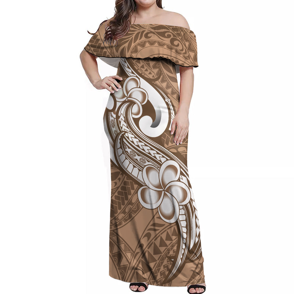 Polynesia Off Shoulder Maxi Dress Plumeria With Tribal Pattern Brown Pastel Vibes - Wonder Print Shop
