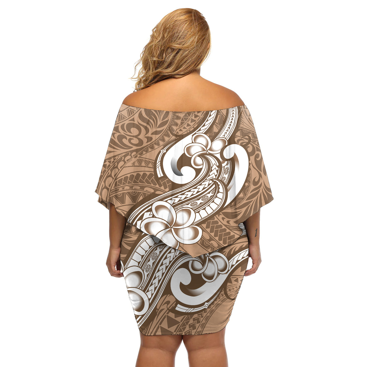 Polynesia Off Shoulder Short Dress Plumeria With Tribal Pattern Brown Pastel Vibes - Wonder Print Shop