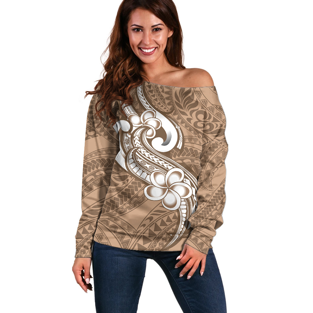 Polynesia Off Shoulder Sweater Plumeria With Tribal Pattern Brown Pastel Vibes - Wonder Print Shop