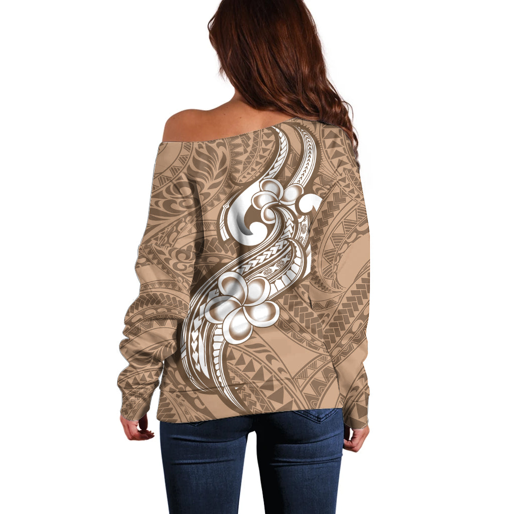 Polynesia Off Shoulder Sweater Plumeria With Tribal Pattern Brown Pastel Vibes - Wonder Print Shop