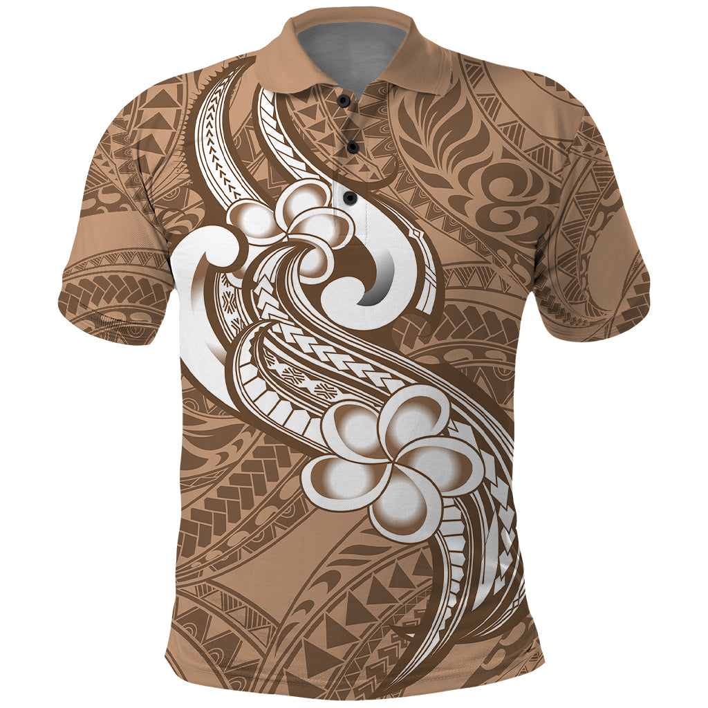 Polynesia Polo Shirt Plumeria With Tribal Pattern Brown Pastel Vibes - Wonder Print Shop
