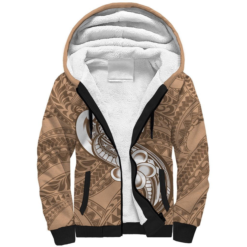 Polynesia Sherpa Hoodie Plumeria With Tribal Pattern Brown Pastel Vibes - Wonder Print Shop