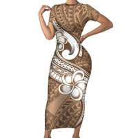 Polynesia Short Sleeve Bodycon Dress Plumeria With Tribal Pattern Brown Pastel Vibes - Wonder Print Shop
