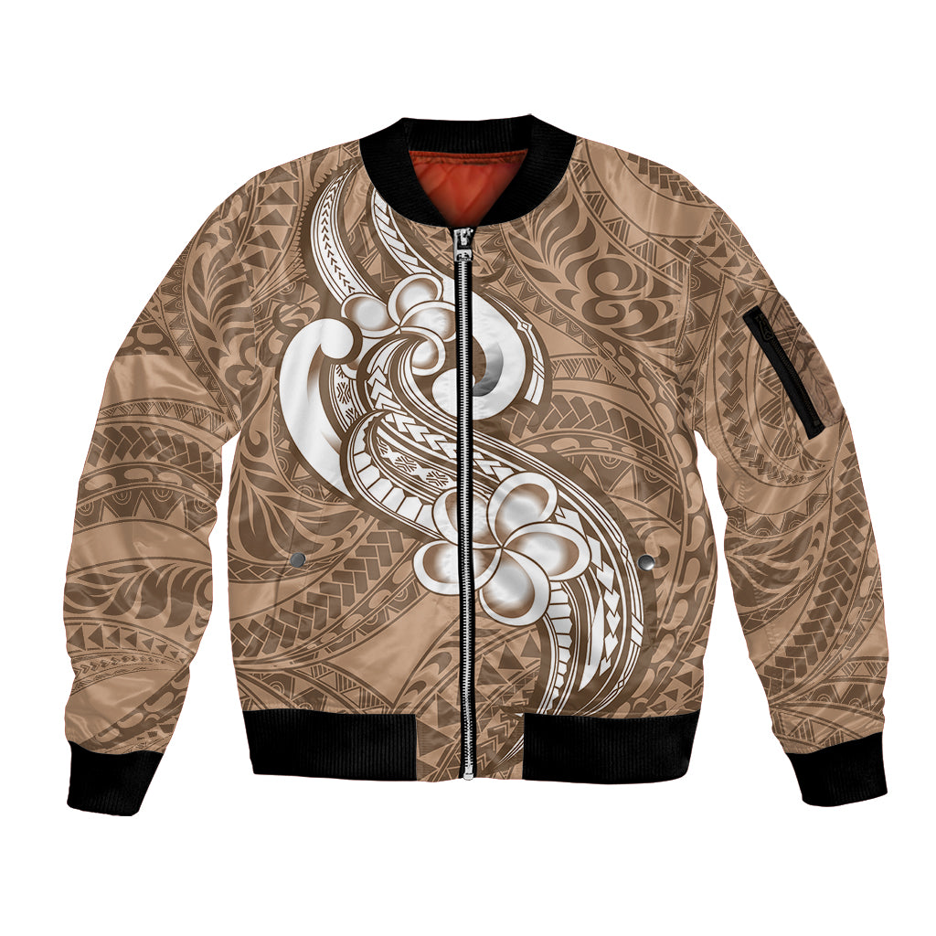 Polynesia Sleeve Zip Bomber Jacket Plumeria With Tribal Pattern Brown Pastel Vibes - Wonder Print Shop