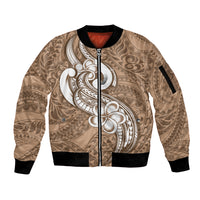 Polynesia Sleeve Zip Bomber Jacket Plumeria With Tribal Pattern Brown Pastel Vibes - Wonder Print Shop