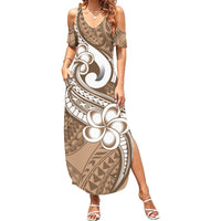 Polynesia Summer Maxi Dress Plumeria With Tribal Pattern Brown Pastel Vibes - Wonder Print Shop