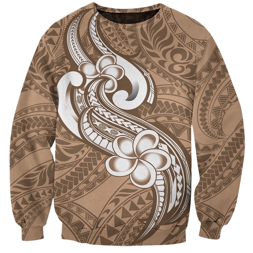 Polynesia Sweatshirt Plumeria With Tribal Pattern Brown Pastel Vibes - Wonder Print Shop