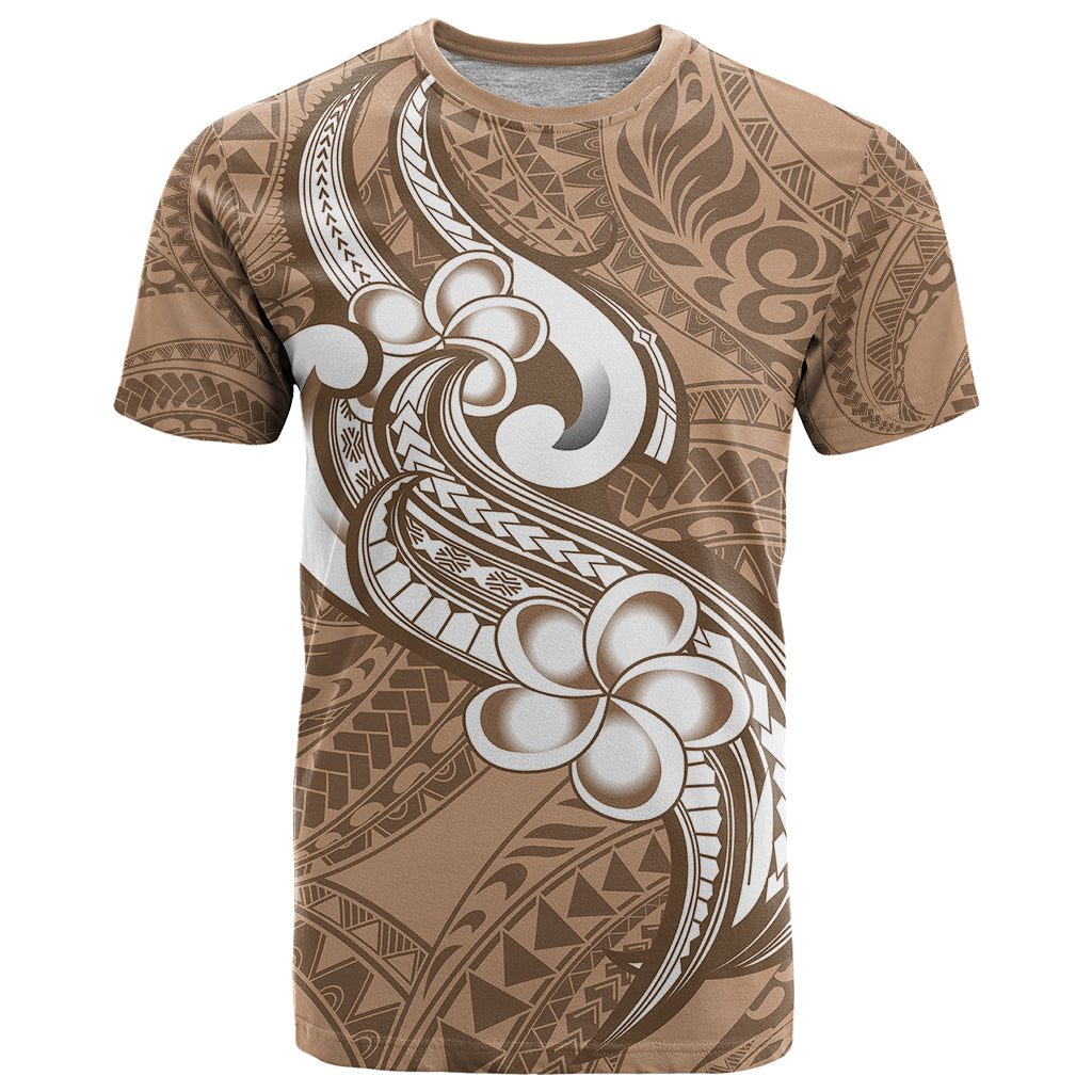 Polynesia T Shirt Plumeria With Tribal Pattern Brown Pastel Vibes - Wonder Print Shop