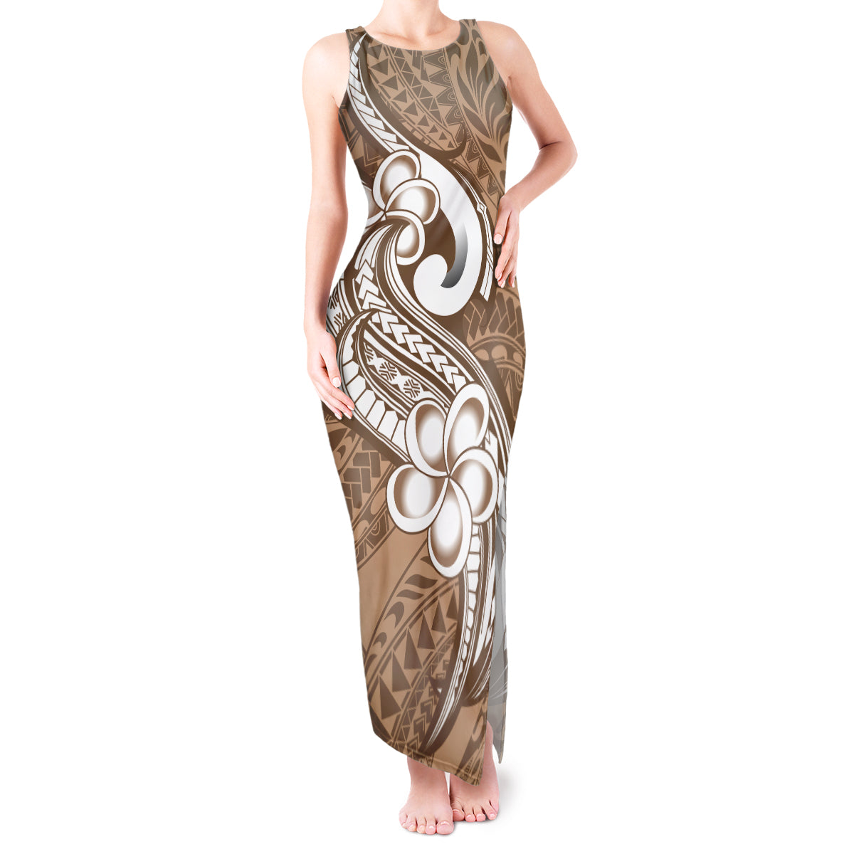 Polynesia Tank Maxi Dress Plumeria With Tribal Pattern Brown Pastel Vibes - Wonder Print Shop