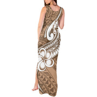 Polynesia Tank Maxi Dress Plumeria With Tribal Pattern Brown Pastel Vibes - Wonder Print Shop