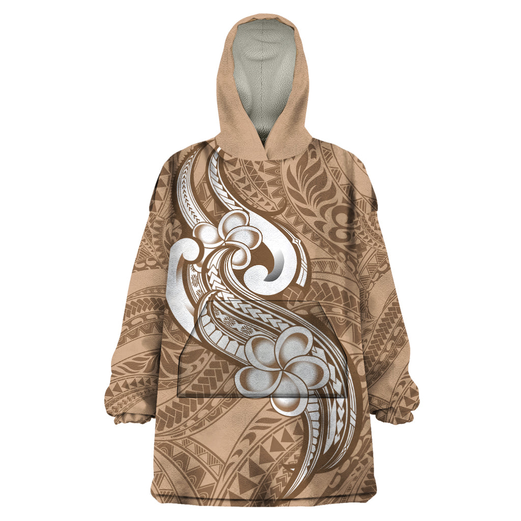 Polynesia Wearable Blanket Hoodie Plumeria With Tribal Pattern Brown Pastel Vibes - Wonder Print Shop