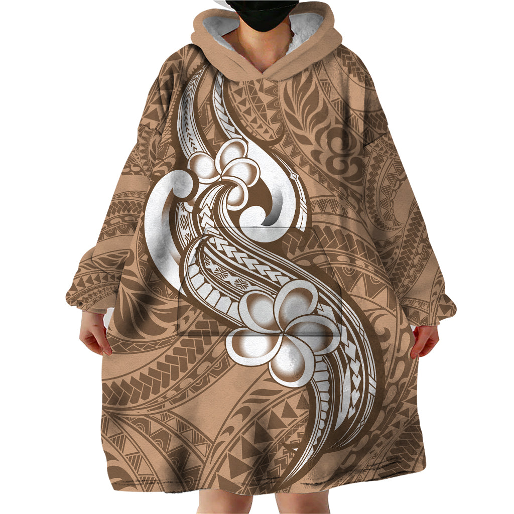 Polynesia Wearable Blanket Hoodie Plumeria With Tribal Pattern Brown Pastel Vibes - Wonder Print Shop