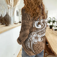 Polynesia Women Casual Shirt Plumeria With Tribal Pattern Brown Pastel Vibes - Wonder Print Shop