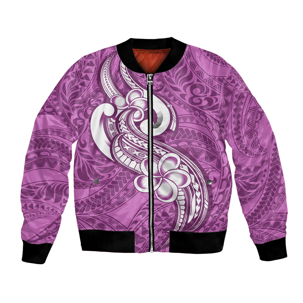 Polynesia Bomber Jacket Plumeria With Tribal Pattern Pink Pastel Vibes - Wonder Print Shop