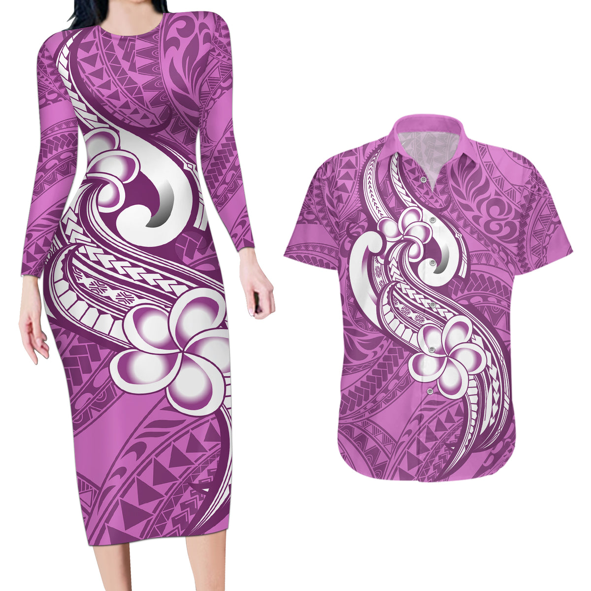 Polynesia Couples Matching Long Sleeve Bodycon Dress and Hawaiian Shirt Plumeria With Tribal Pattern Pink Pastel Vibes - Wonder Print Shop