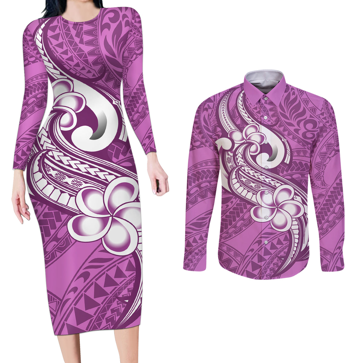 Polynesia Couples Matching Long Sleeve Bodycon Dress and Long Sleeve Button Shirts Plumeria With Tribal Pattern Pink Pastel Vibes - Wonder Print Shop