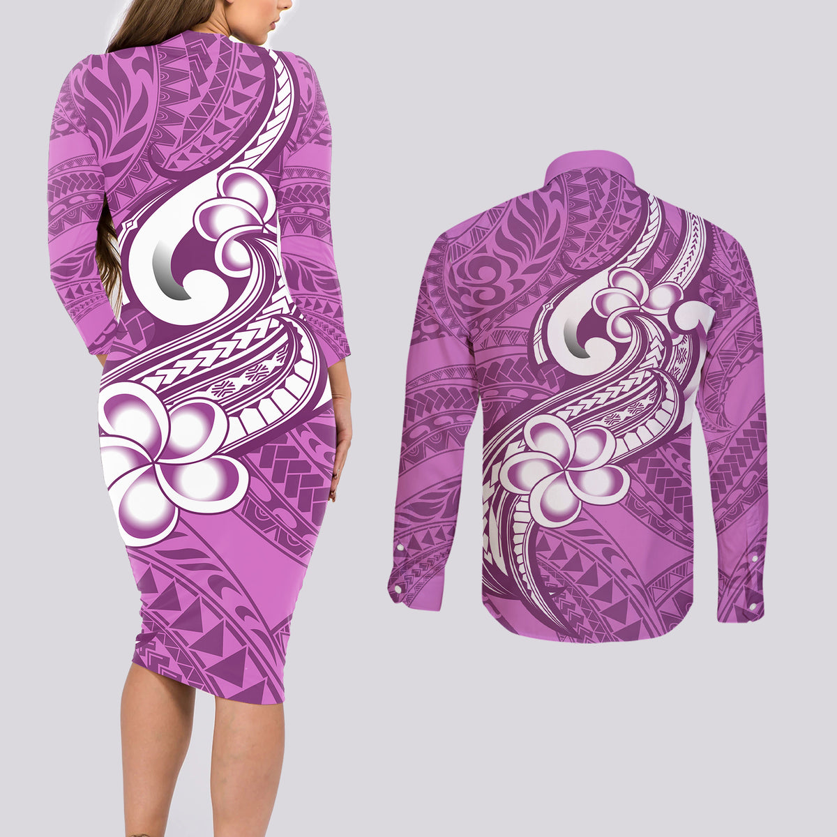 Polynesia Couples Matching Long Sleeve Bodycon Dress and Long Sleeve Button Shirts Plumeria With Tribal Pattern Pink Pastel Vibes - Wonder Print Shop