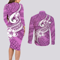 Polynesia Couples Matching Long Sleeve Bodycon Dress and Long Sleeve Button Shirts Plumeria With Tribal Pattern Pink Pastel Vibes - Wonder Print Shop