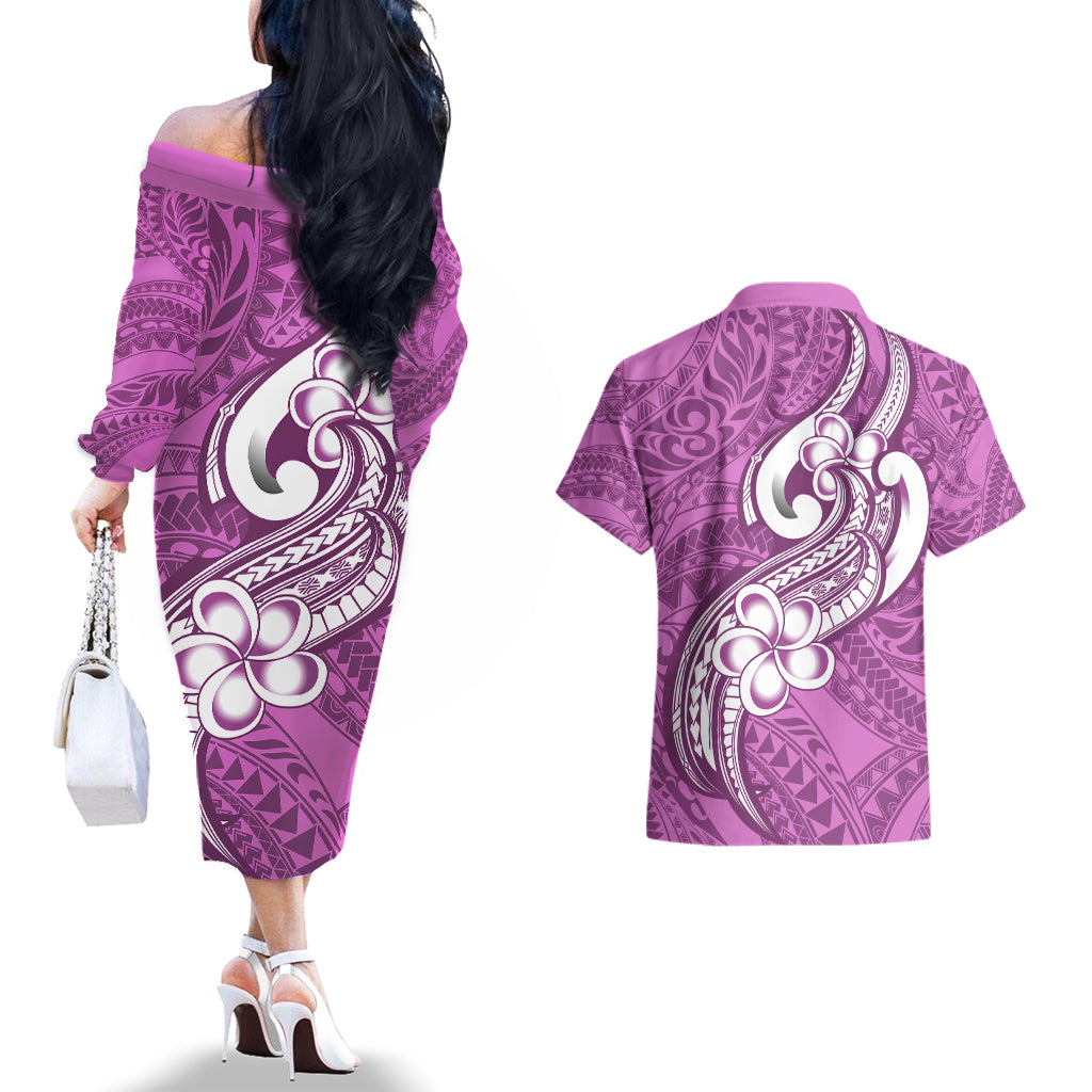 Polynesia Couples Matching Off The Shoulder Long Sleeve Dress and Hawaiian Shirt Plumeria With Tribal Pattern Pink Pastel Vibes - Wonder Print Shop