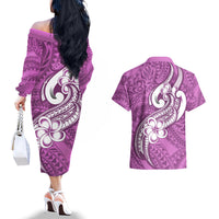 Polynesia Couples Matching Off The Shoulder Long Sleeve Dress and Hawaiian Shirt Plumeria With Tribal Pattern Pink Pastel Vibes - Wonder Print Shop
