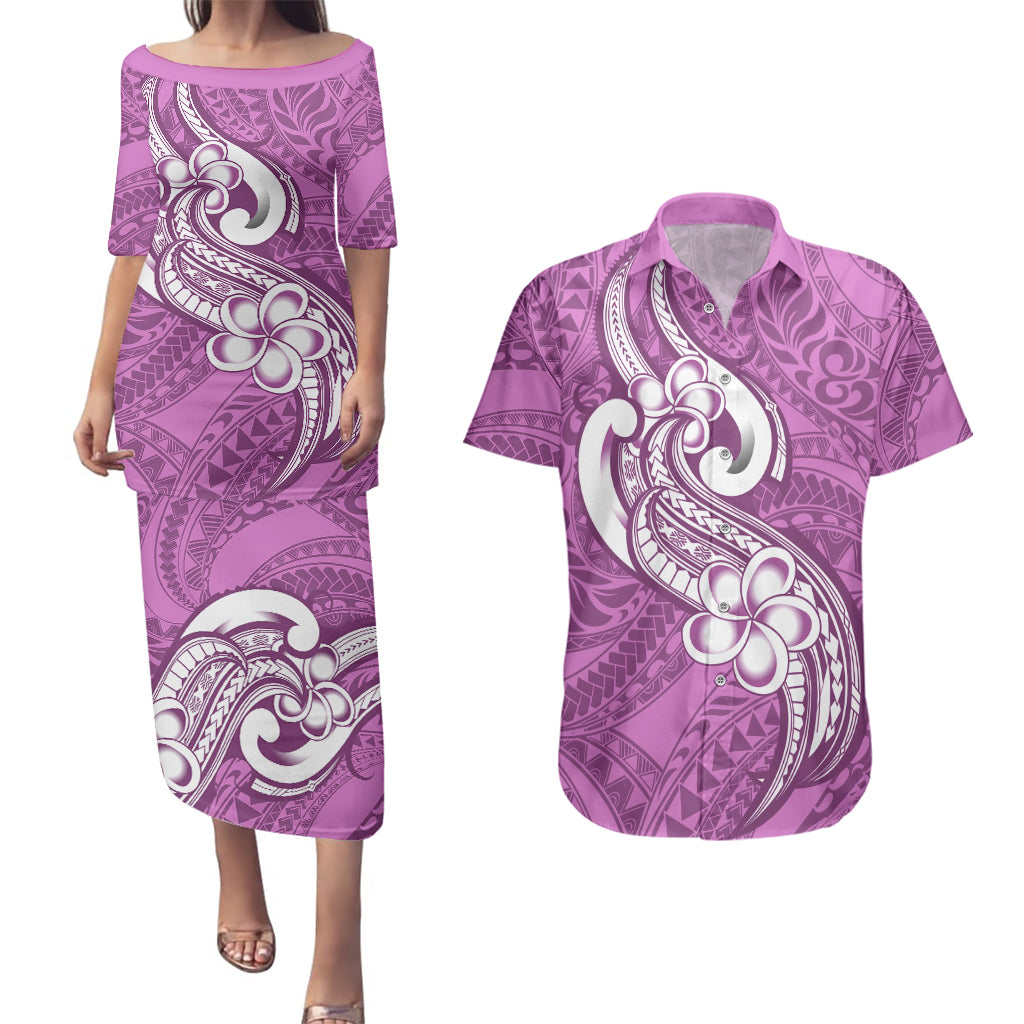 Polynesia Couples Matching Puletasi Dress and Hawaiian Shirt Plumeria With Tribal Pattern Pink Pastel Vibes - Wonder Print Shop