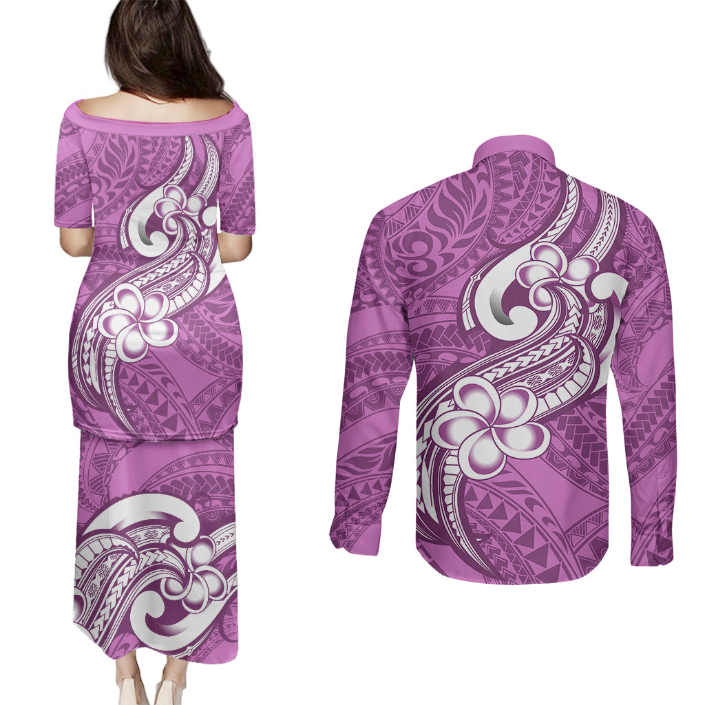 Polynesia Couples Matching Puletasi Dress and Long Sleeve Button Shirts Plumeria With Tribal Pattern Pink Pastel Vibes - Wonder Print Shop