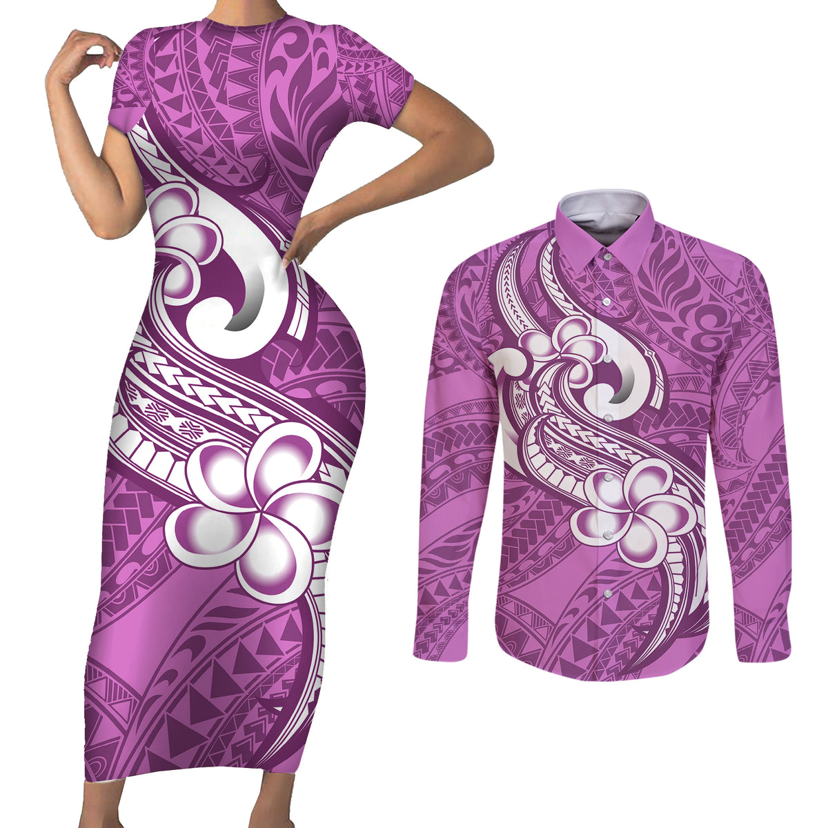 Polynesia Couples Matching Short Sleeve Bodycon Dress and Long Sleeve Button Shirts Plumeria With Tribal Pattern Pink Pastel Vibes - Wonder Print Shop
