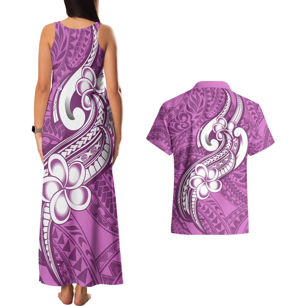 Polynesia Couples Matching Tank Maxi Dress and Hawaiian Shirt Plumeria With Tribal Pattern Pink Pastel Vibes - Wonder Print Shop