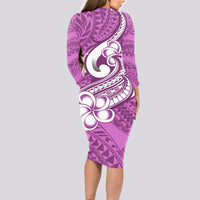 Polynesia Long Sleeve Bodycon Dress Plumeria With Tribal Pattern Pink Pastel Vibes - Wonder Print Shop