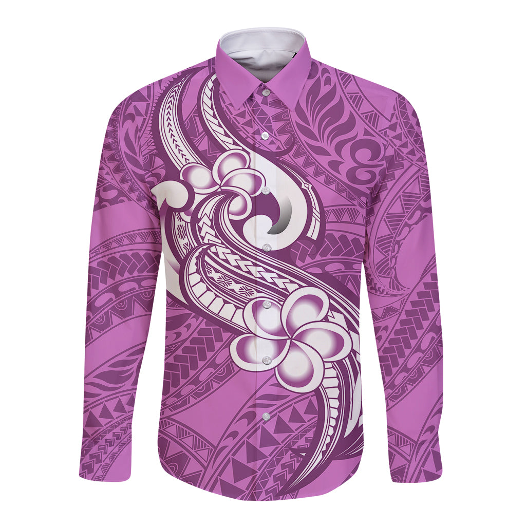 Polynesia Long Sleeve Button Shirt Plumeria With Tribal Pattern Pink Pastel Vibes - Wonder Print Shop