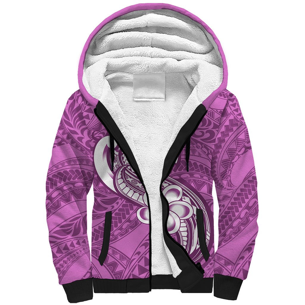 Polynesia Sherpa Hoodie Plumeria With Tribal Pattern Pink Pastel Vibes - Wonder Print Shop