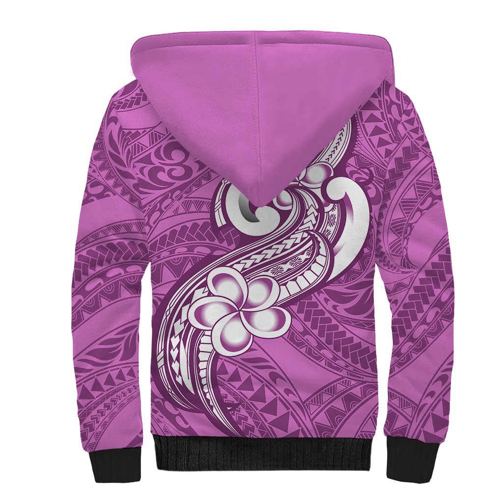 Polynesia Sherpa Hoodie Plumeria With Tribal Pattern Pink Pastel Vibes - Wonder Print Shop