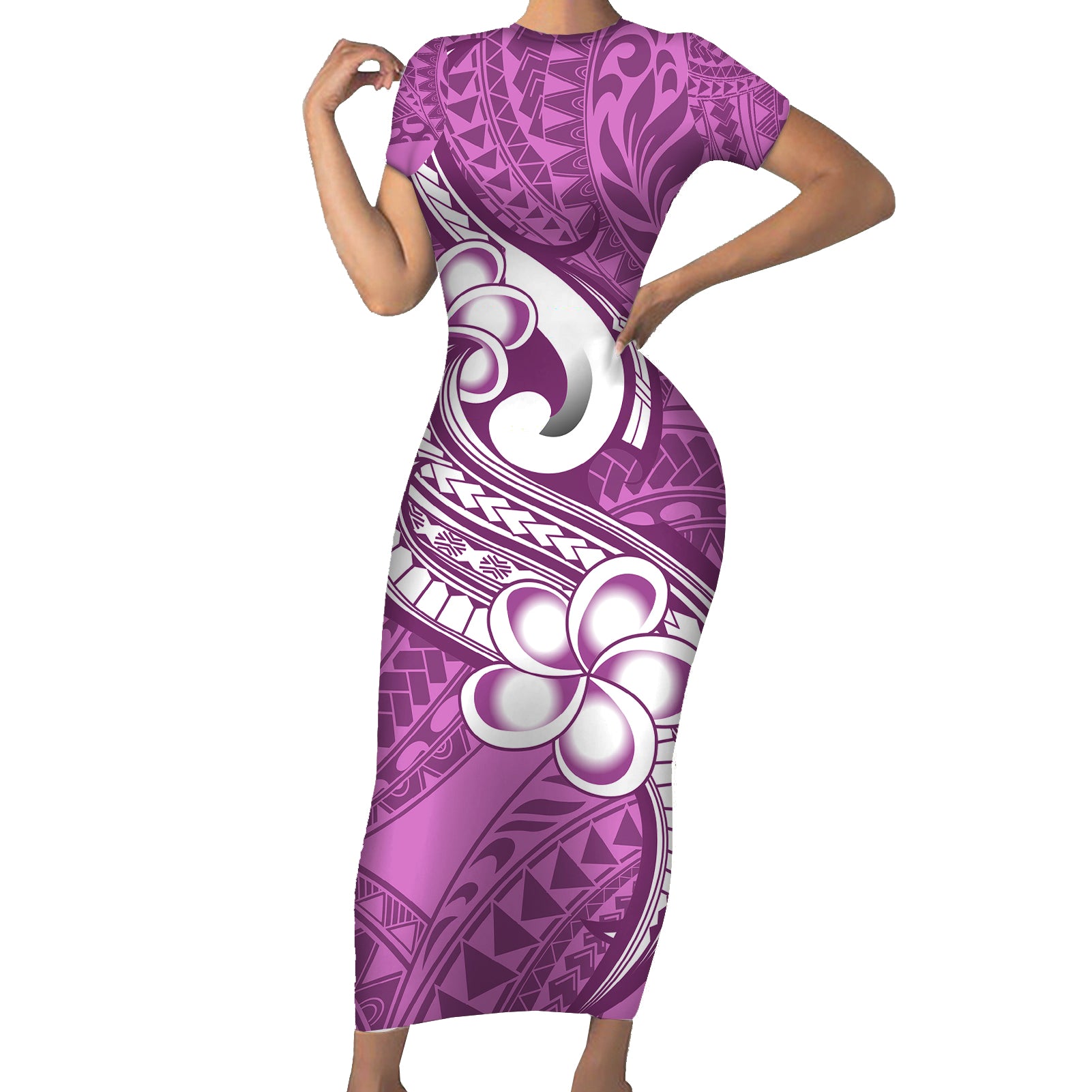 Polynesia Short Sleeve Bodycon Dress Plumeria With Tribal Pattern Pink Pastel Vibes - Wonder Print Shop