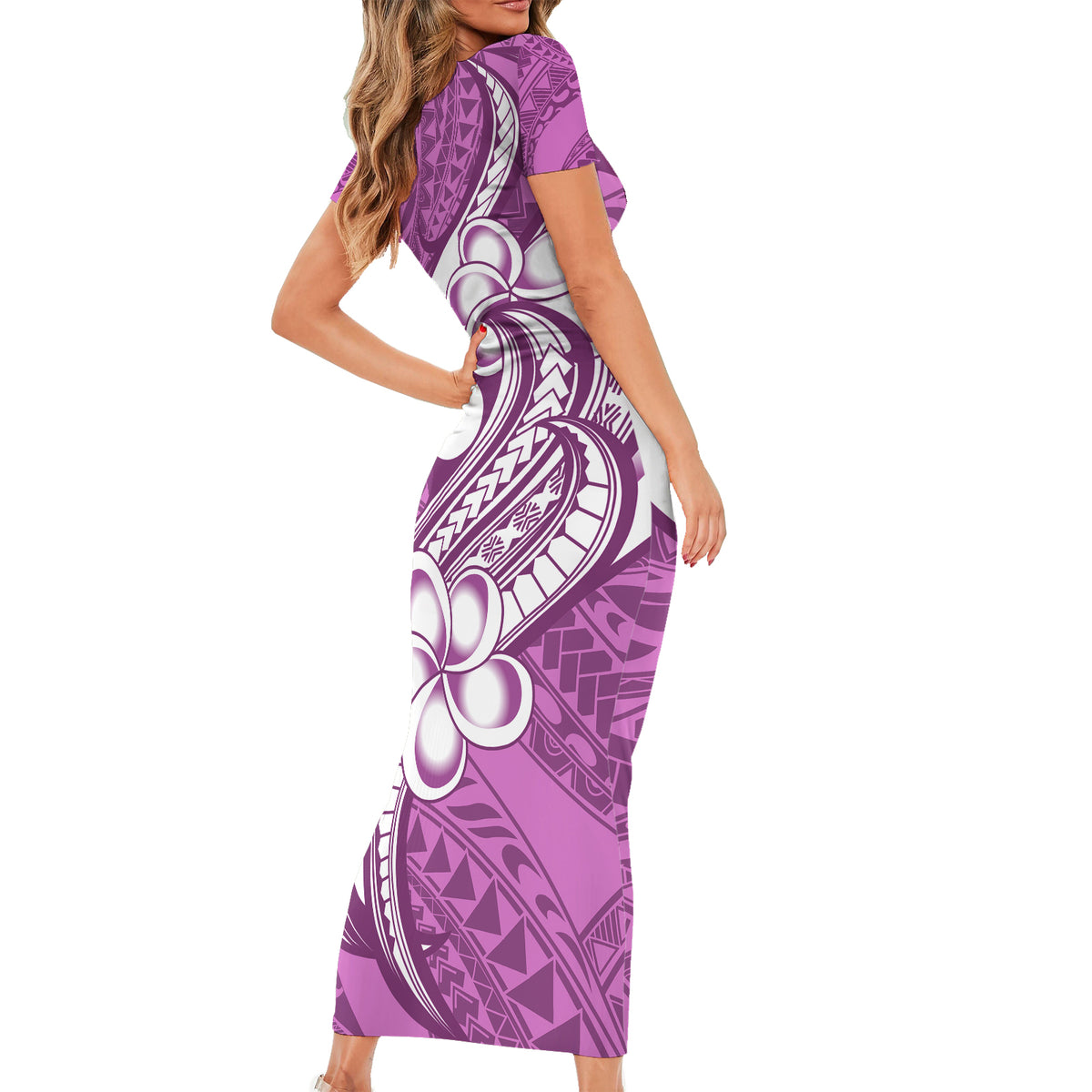 Polynesia Short Sleeve Bodycon Dress Plumeria With Tribal Pattern Pink Pastel Vibes - Wonder Print Shop