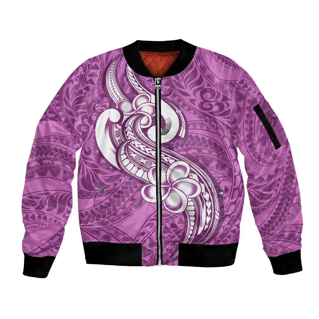 Polynesia Sleeve Zip Bomber Jacket Plumeria With Tribal Pattern Pink Pastel Vibes - Wonder Print Shop
