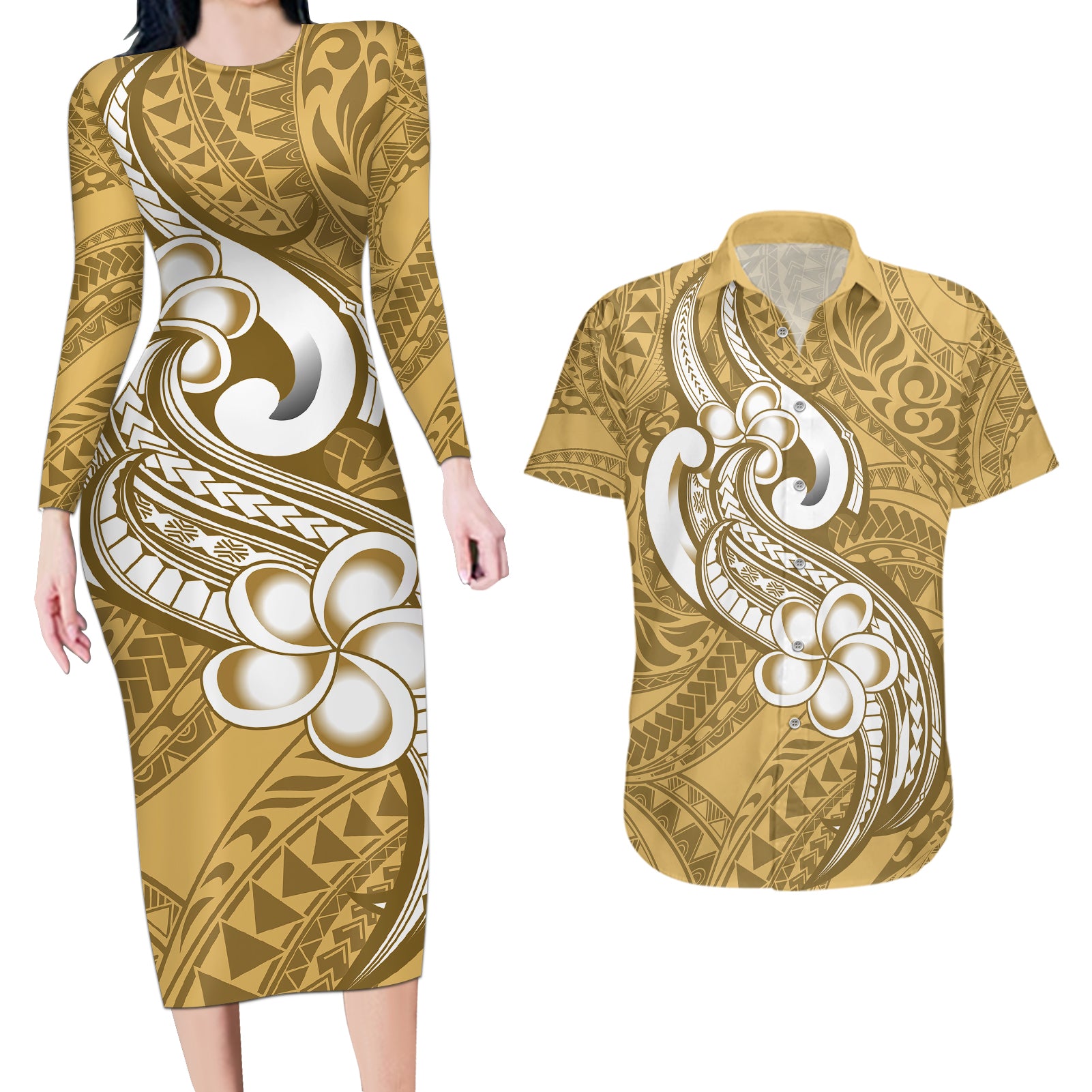 Polynesia Couples Matching Long Sleeve Bodycon Dress and Hawaiian Shirt Plumeria With Tribal Pattern Yellow Pastel Vibes - Wonder Print Shop
